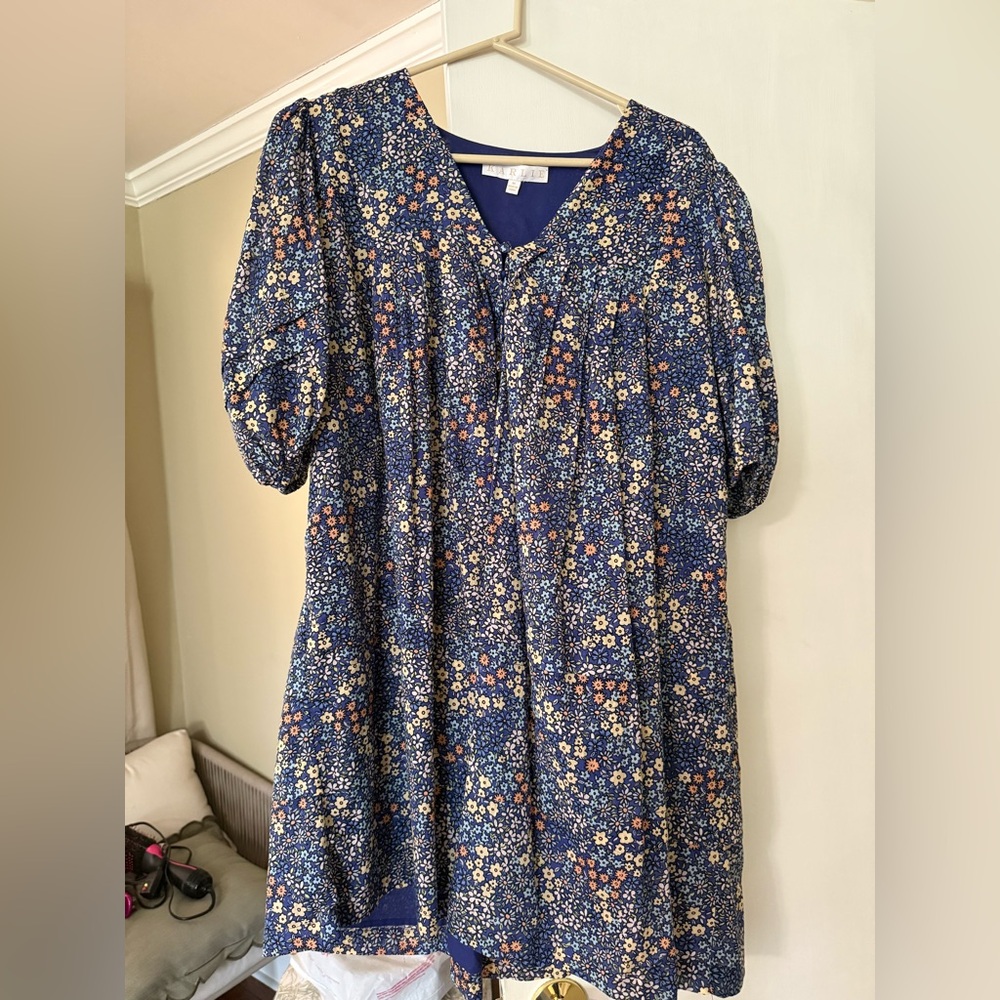 Floral Blue Dress with Puff Sleeves